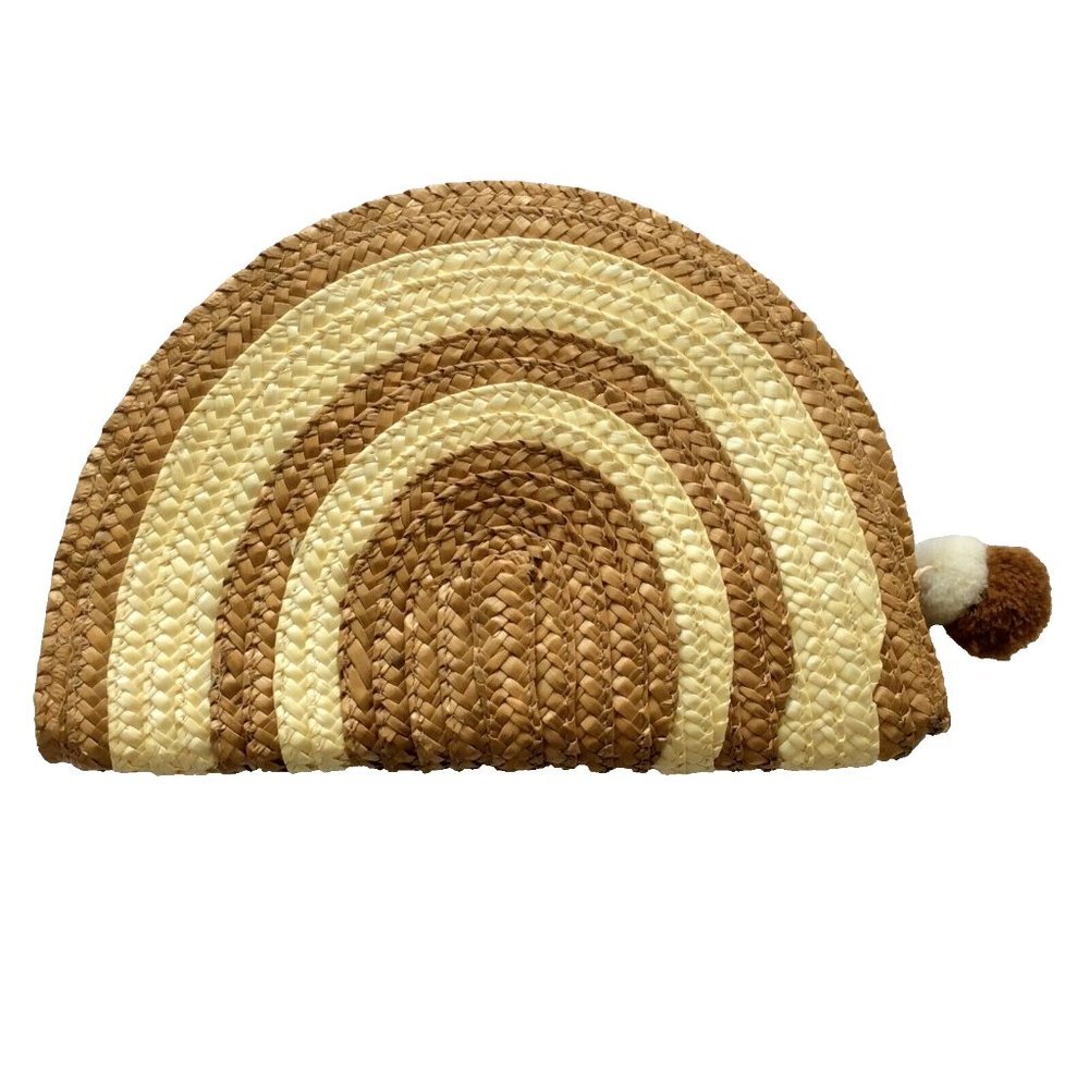 Tan & Ivory Double Pom-Pom Straw Clutch Bag Nwot